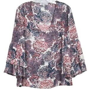 Rose + Olive Womens Blouse L Purple Pink Floral Tiered Bell Sleeve V-Neck Boho
